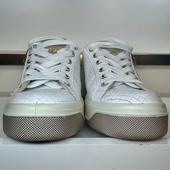 Igi & Co White Woven Leather Platform Sneakers Zip Side Gold Accents Sz Womens 7 - Picture 8 of 16